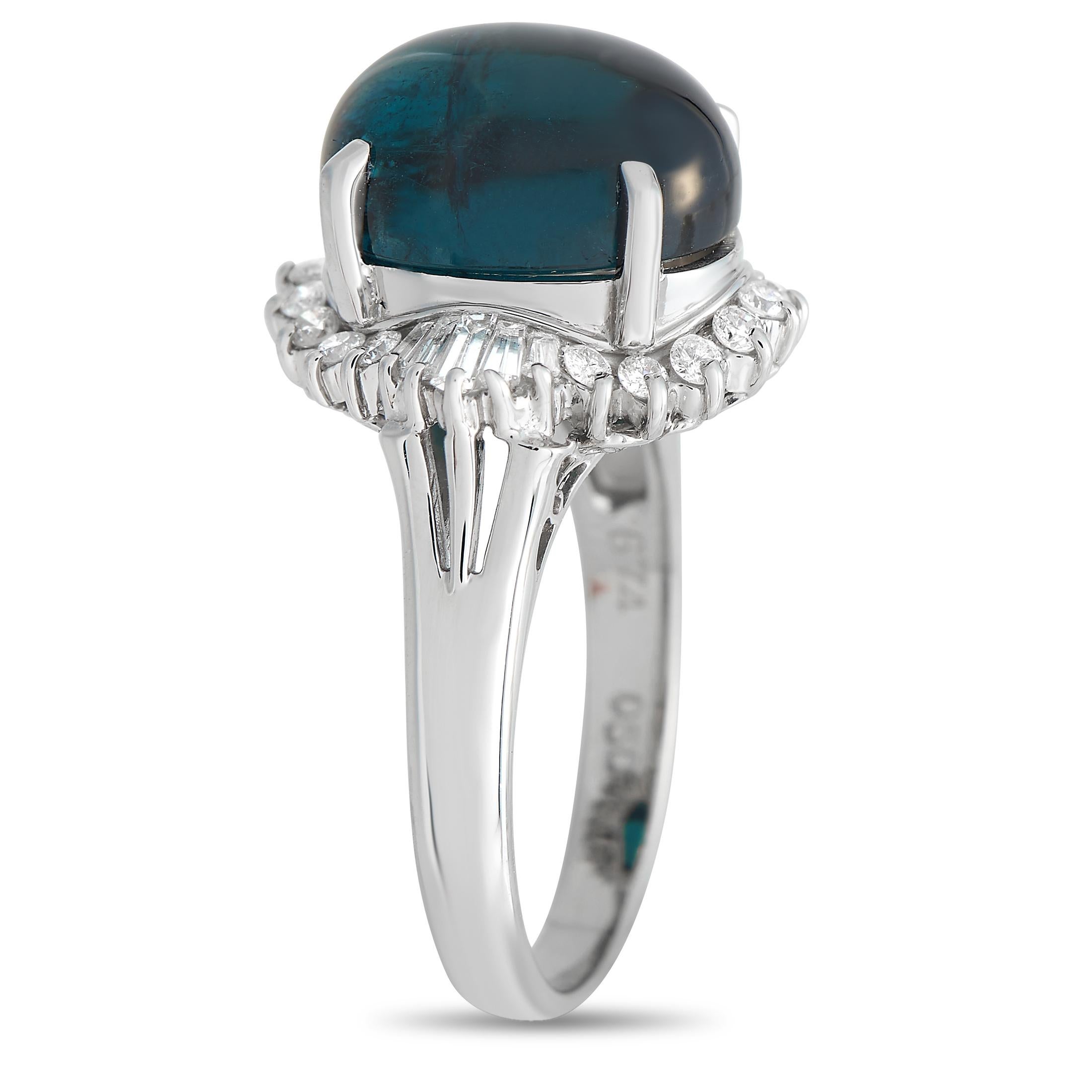 A captivating 6.74 carat Tourmaline cabochon stone makes this luxurious ring impossible to ignore. It\u2019s surrounded by a creative halo of sparkling diamonds, which together possess a total weight of 0.50 carats. Crafted from pure Platinum, this