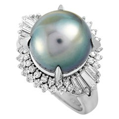 LB Exclusive Platinum 0.52 ct Round and Tapered Baguette Diamonds and Pearl Ring