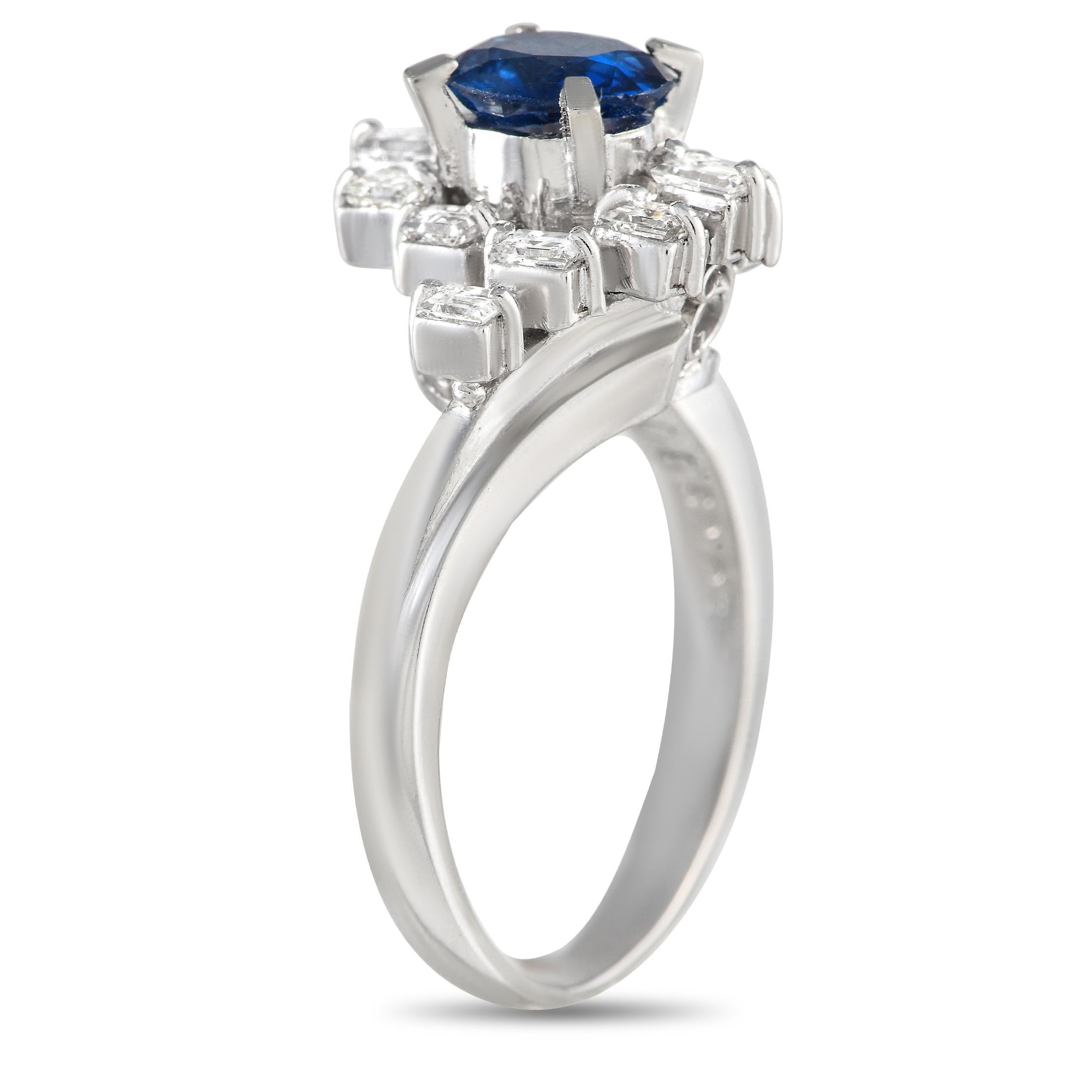 A captivating 0.86 carat Sapphire serves as a stunning focal point on this exquisite luxury ring. Crafted from shimmering Platinum, Diamond accents with a total weight of 0.52 carats further elevate the design. This piece features a 2mm band width