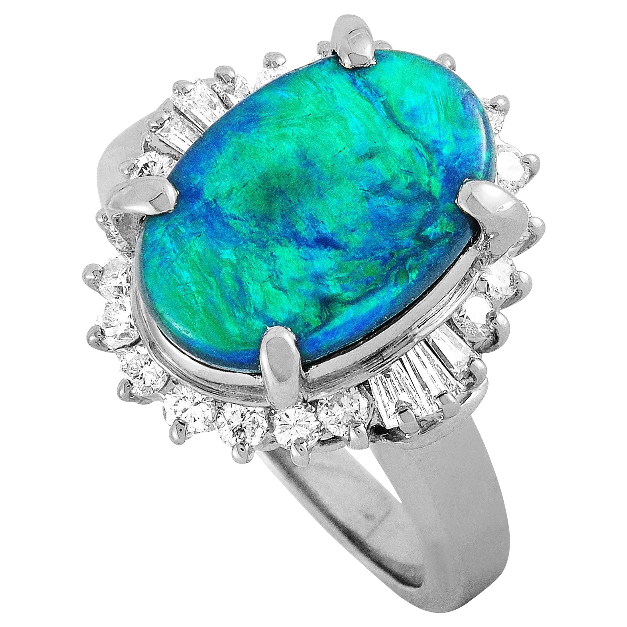 LB Exclusive Platinum 0.53 Carat Diamond and Opal Ring