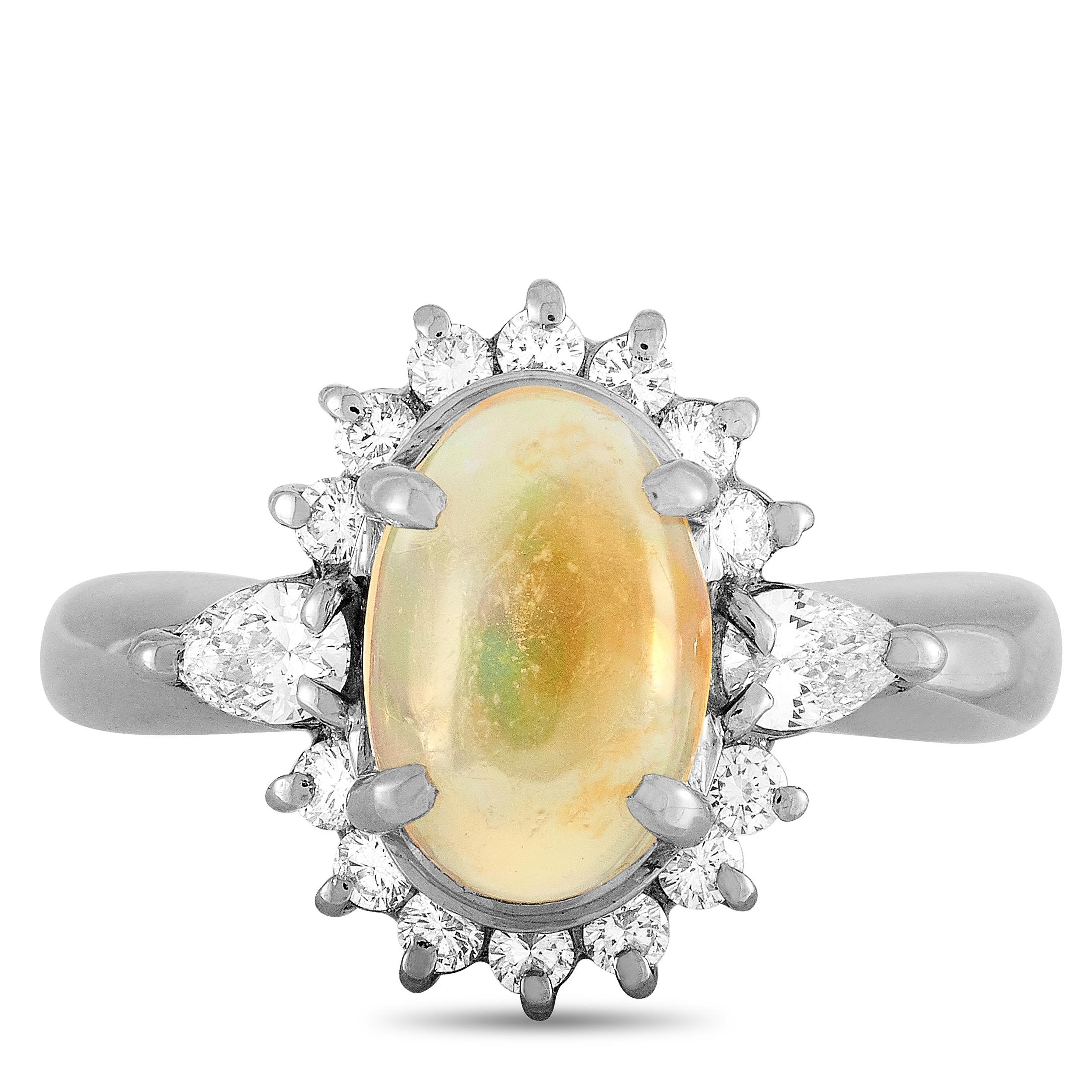 LB Exclusive Platinum 0.54 Carat Round and Pear Diamond and Opal Ring 1