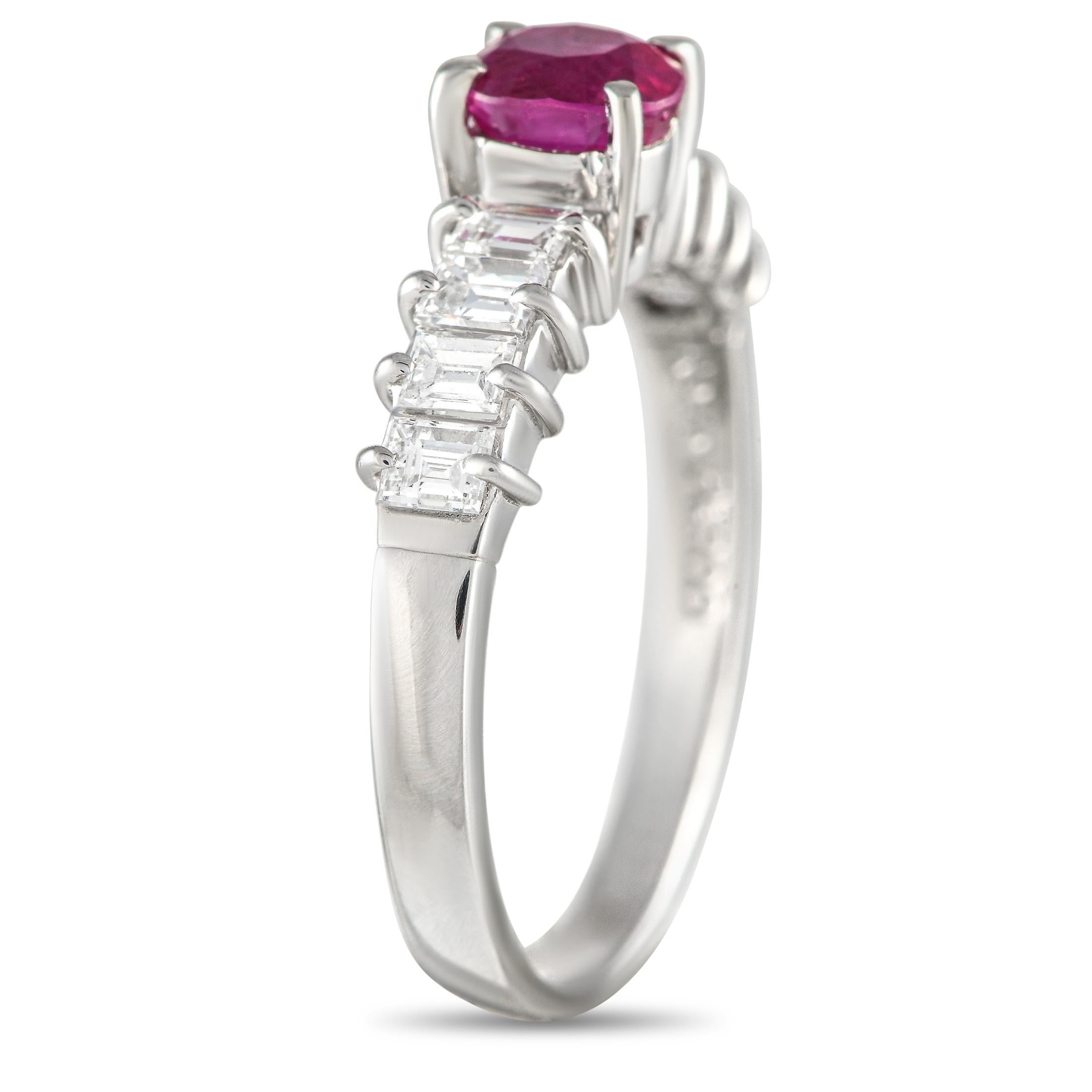 Perfect as a birthday gift or an anniversary band, this ruby and diamond ring can represent the brilliance and strength of love. The ring is made from the most durable precious metal. Running along its shoulders are step-cut diamonds on shared