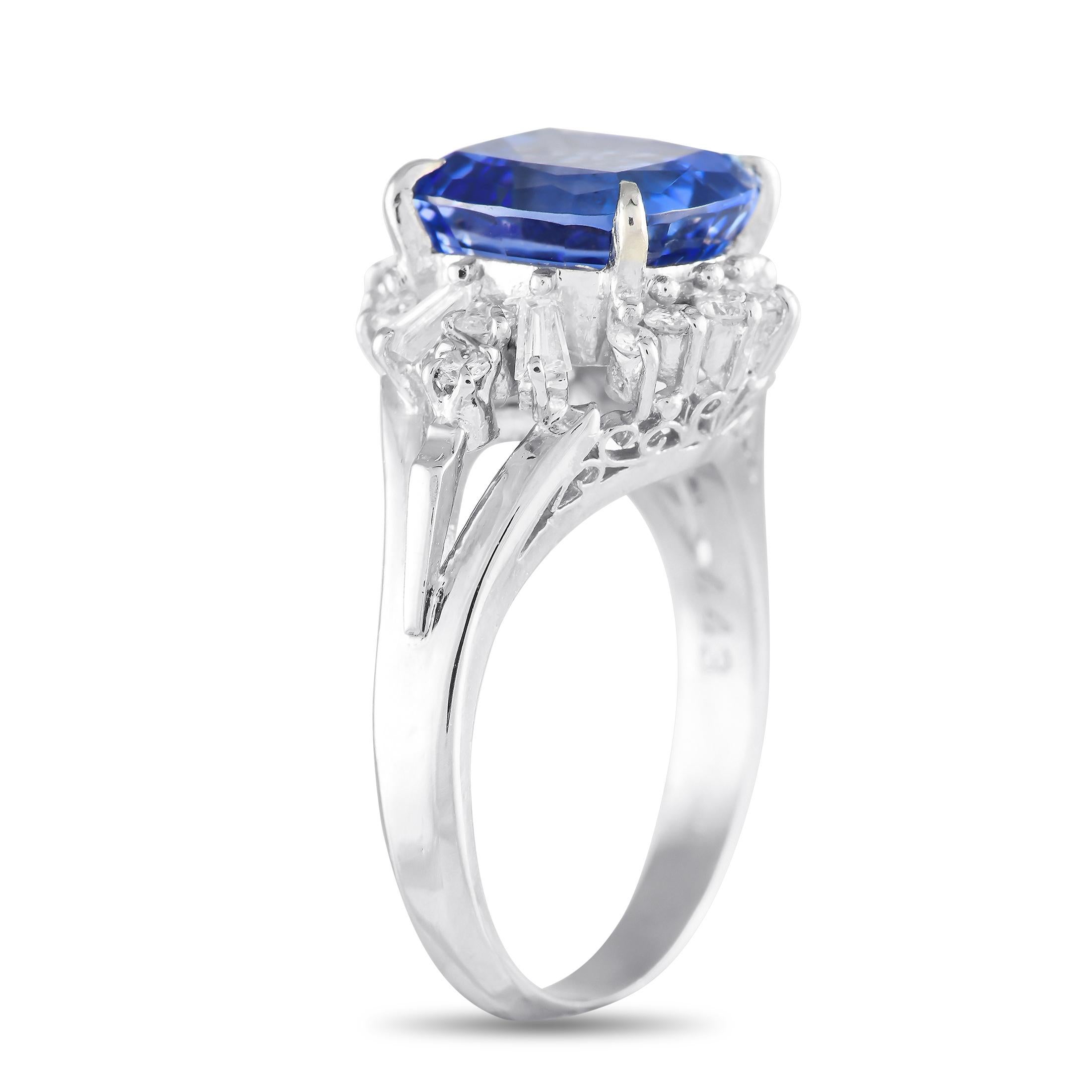 This radiant ring is poised to continually take your breath away. Bold and incredibly elegant, the stunning 4.43 carat Tanzanite center stone is surrounded by Diamonds with a total weight of 0.56 carats. Crafted from shimmering Platinum, this piece