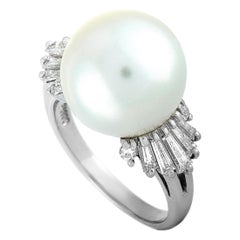 LB Exclusive Platinum 0.58 ct Round and Tapered Baguette Diamonds and Pearl Ring