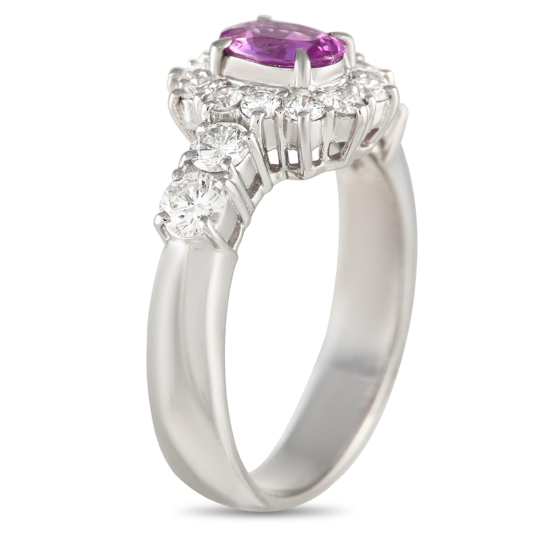 This ring can easily make any lady's heart skip a beat. It features a platinum band gleaming with enduring elegance. The shoulders are traced wtih diamonds on pronged baskets, leading to a captivating 0.51-carat pink sapphire centerstone.