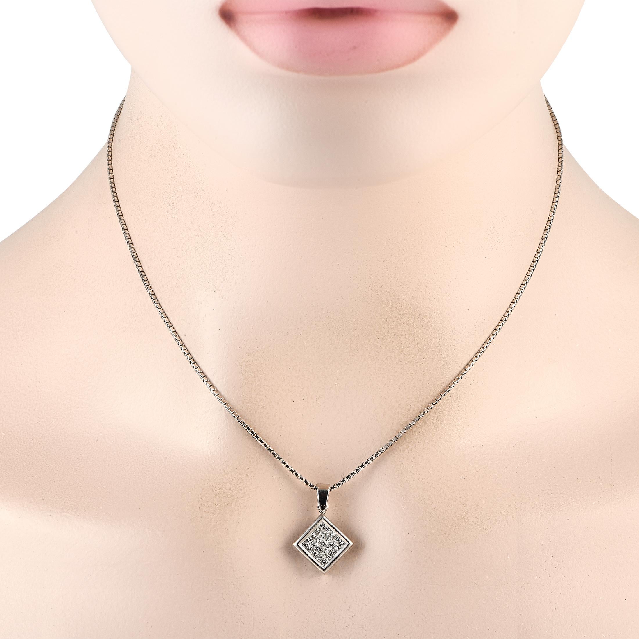 There\u2019s something timeless about this elegant necklace. Suspended from a sleek 16\u201d box chain, you\u2019ll find a diamond-shaped pendant that comes to life thanks to 0.70 carats of sparkling inset Diamonds. The pendant is crafted from pure
