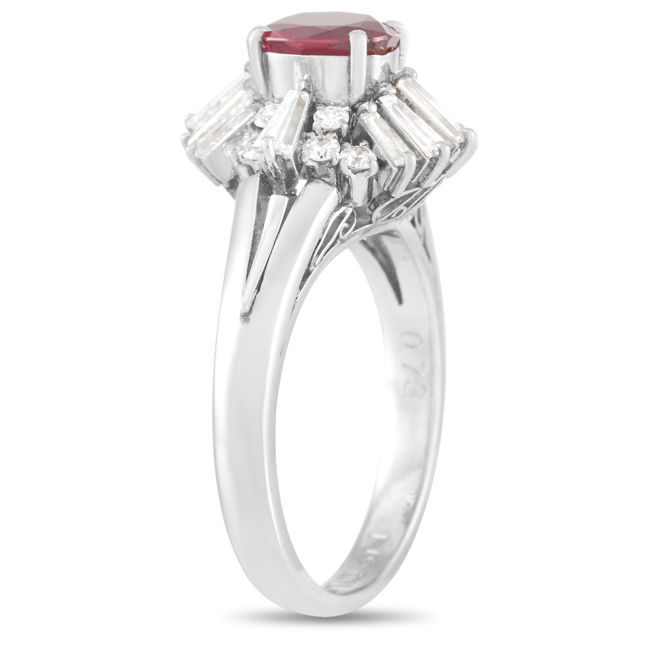This gorgeous LB Exclusive Platinum 0.73 ct Diamond 0.80 ct Ruby Ring is a stunning addition to any jewelry collection. The band is made with platinum and set with a halo of emerald and round cut diamonds totaling 0.73 carats and surrounding a