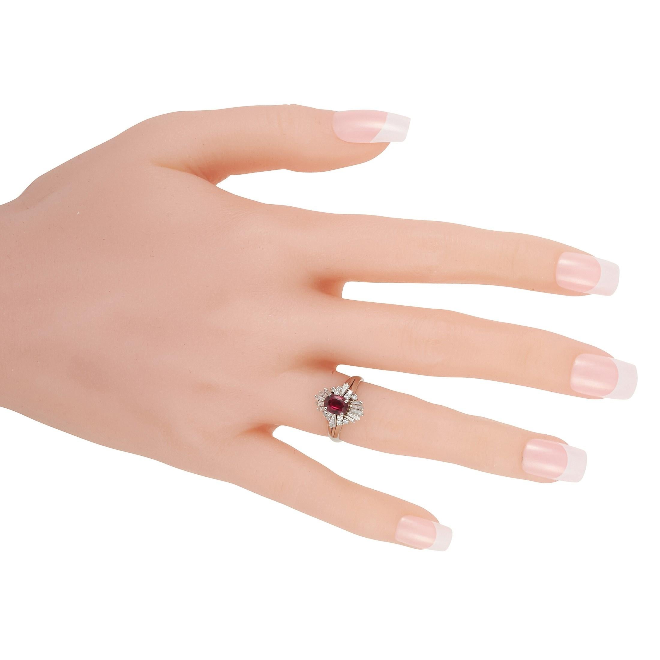 Baguette Cut LB Exclusive Platinum 0.73 Carat Diamond and 0.80 Carat Ruby Ring