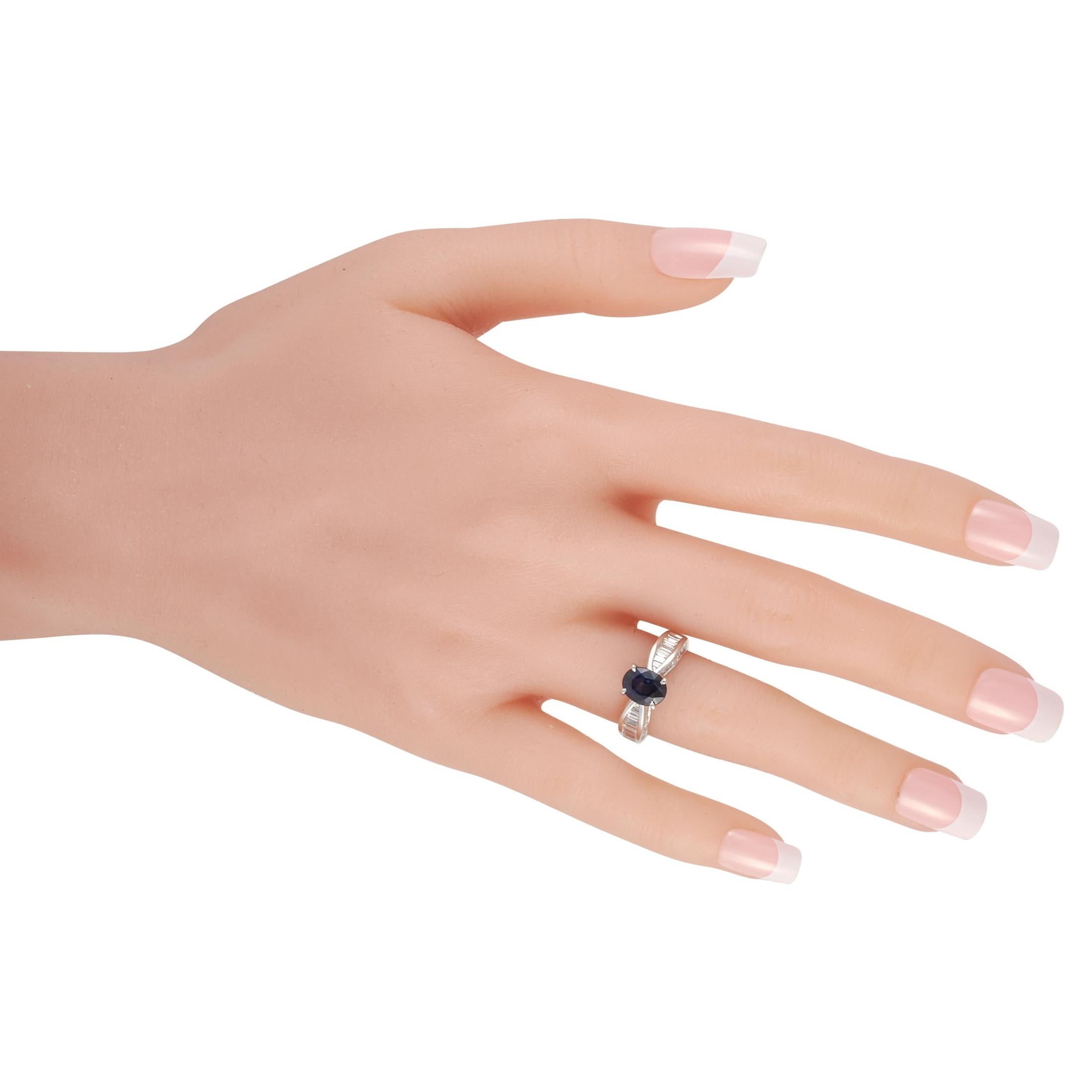 Baguette Cut LB Exclusive Platinum 0.73ct Diamond and Blue Sapphire Ring