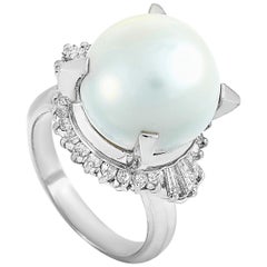 LB Exclusive Platinum 0.77 ct Round and Tapered Baguette Diamonds and Pearl Ring
