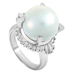 LB Exclusive Platinum 0.77 ct Round and Tapered Baguette Diamonds and Pearl Ring