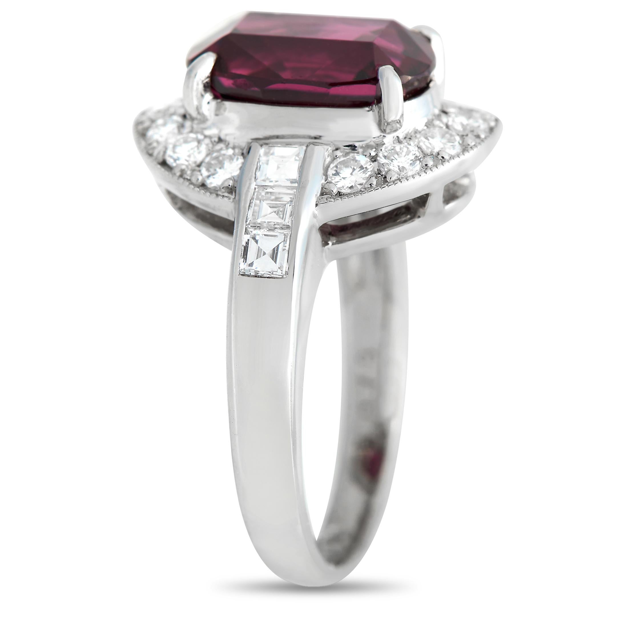 A 4.44 carat Rubellite gemstone makes a statement at the center of this impeccably crafted ring. Diamonds totaling 0.78 carats elevate the Platinum setting, which features a 3mm wide band and a top height measuring 7mm.\r\nThis jewelry piece is