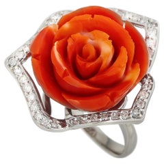 LB Exclusive Platinum 0.84 Carat Diamond and Coral Flower Ring
