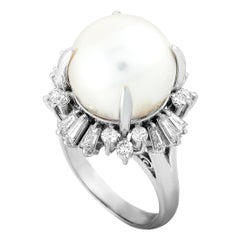 LB Exclusive Platinum 0.85 Carat Round and Baguette Diamonds and Pearl Ring