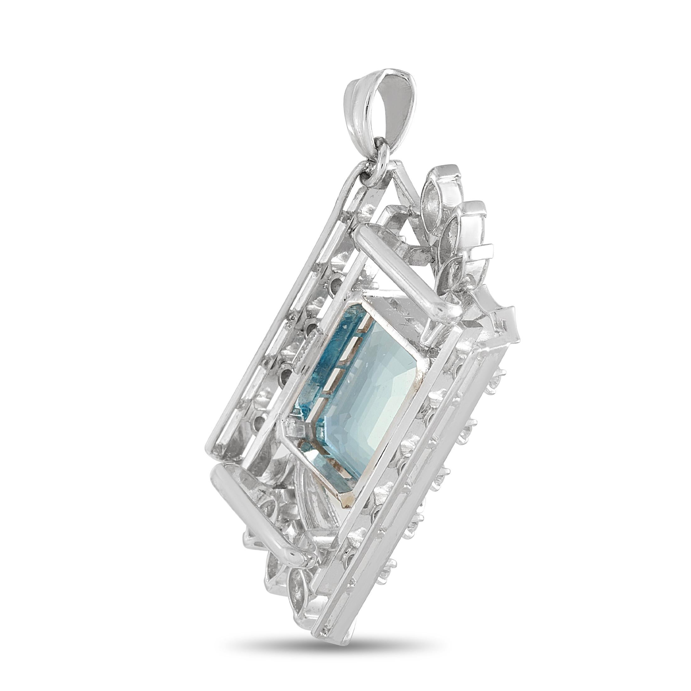 This LB Exclusive pendant is crafted from platinum and weighs 9.5 grams. It measures 1.50” in length and 0.75” in width. The pendant is set with a 6.73 ct aquamarine and a total of 0.85 carats of diamonds.
 
 Offered in estate condition, this item