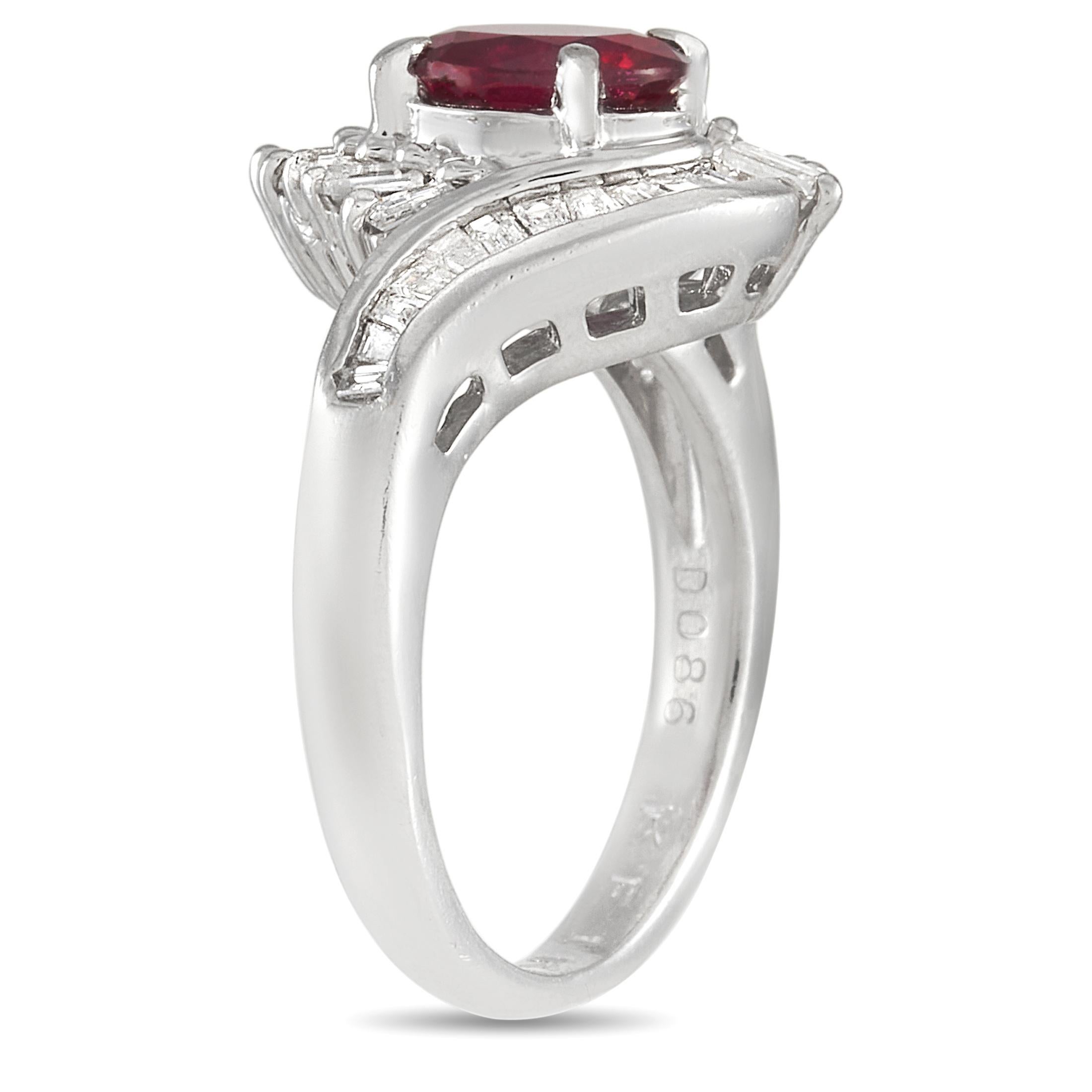 A dazzling Art Deco inspired setting ensures that this breathtaking ring will never go out of style. It features an opulent 1.29 carat ruby center stone, which is encircled by a captivating geometric halo of diamond baguettes totaling 0.86 carats.