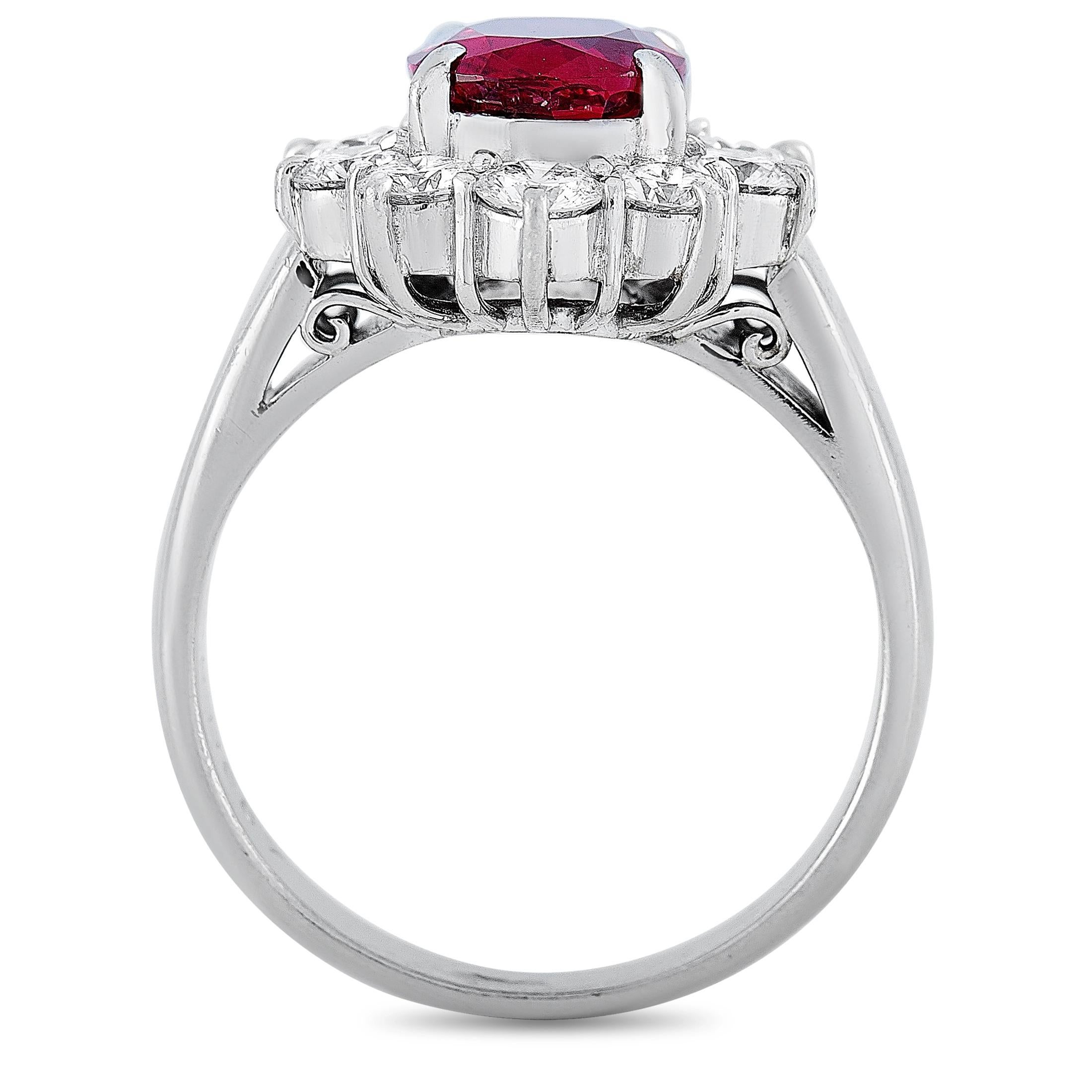 This LB Exclusive ring is crafted from platinum and weighs 6.7 grams, boasting band thickness of 2 mm and top height of 6 mm, while top dimensions measure 13 by 14 mm. The ring is set with a 1.40 ct ruby and a total of 0.87 carats of diamonds.
 
