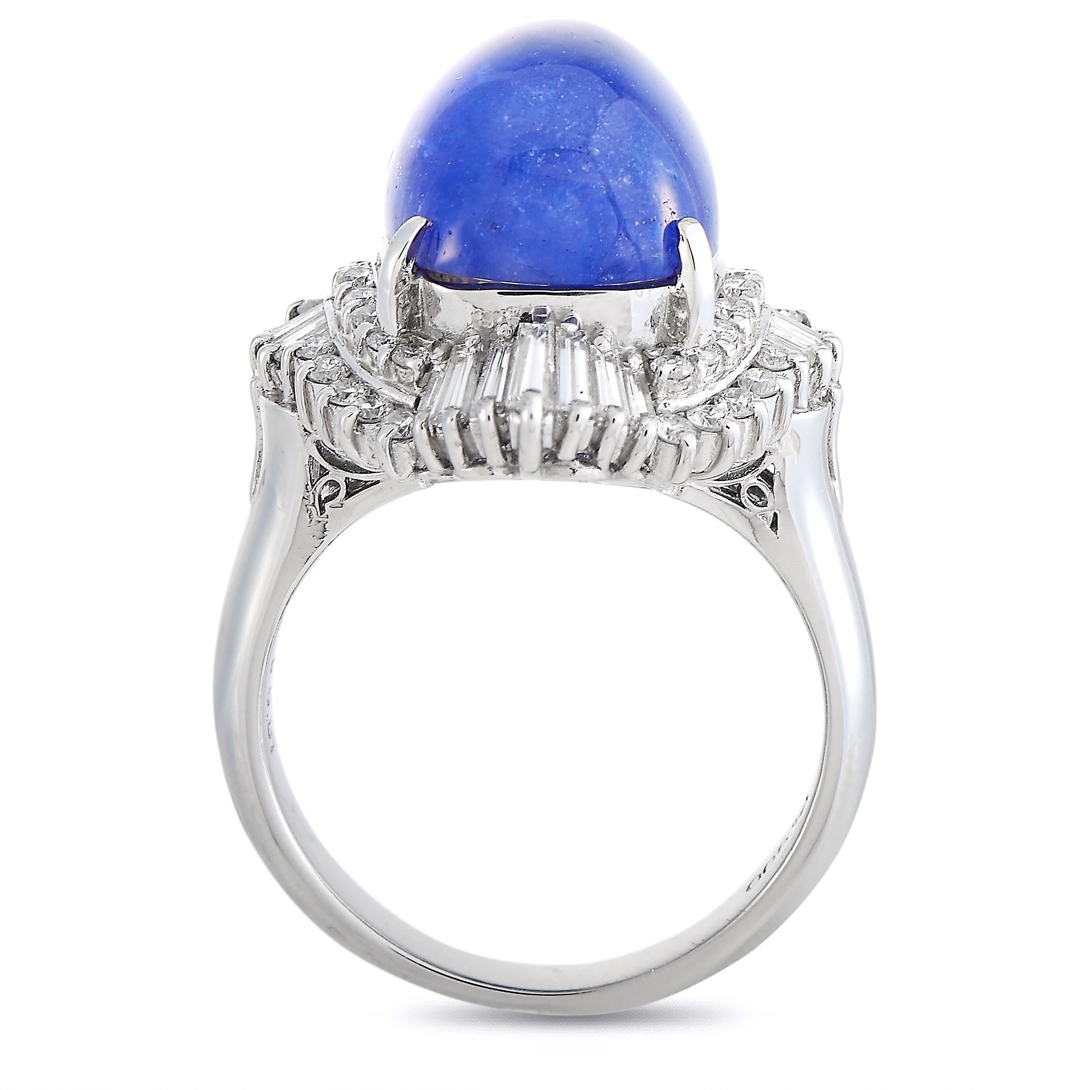 This LB Exclusive ring is made of platinum and embellished with a 9.11 ct tanzanite and a total of 0.87 carats of diamonds. The ring weighs 12.6 grams and boasts band thickness of 3 mm and top height of 12 mm, while top dimensions measure 22 by 18