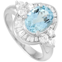 LB Exclusive Platinum 0.90 Carat Diamond and Aquamarine Ring