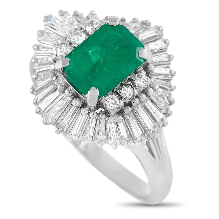 LB Exclusive Platinum 1.00 Ct Diamond and Emerald Ring In Excellent Condition In Southampton, PA