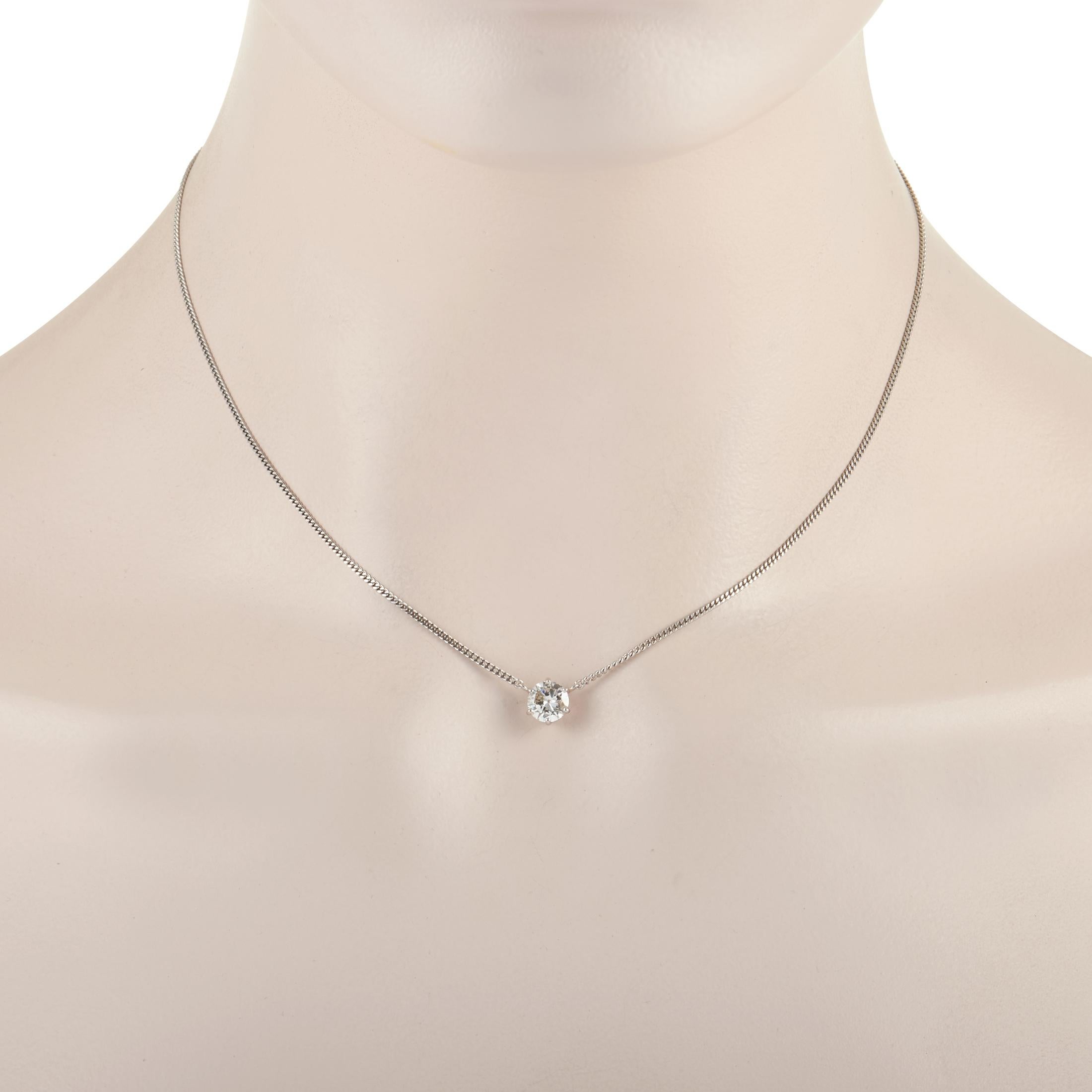 This diamond pendant necklace proves that simplicity never goes out of style. A single sparkling round-cut 1.01 carat diamond with J color and I1 clarity sparkles from its place at the center of this spectacular style. This pendant measures .25”
