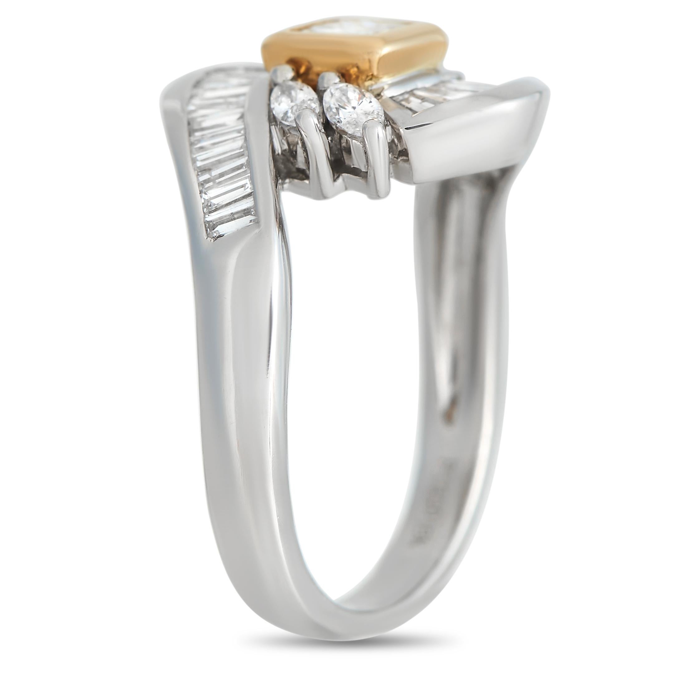 Unique details make this luxury ring simply breathtaking to behold. The dynamic platinum setting shines to life thanks to a radiant array of baguette, marquise, and princess cut diamonds with a total weight of 1.02 carats. This impeccably crafted