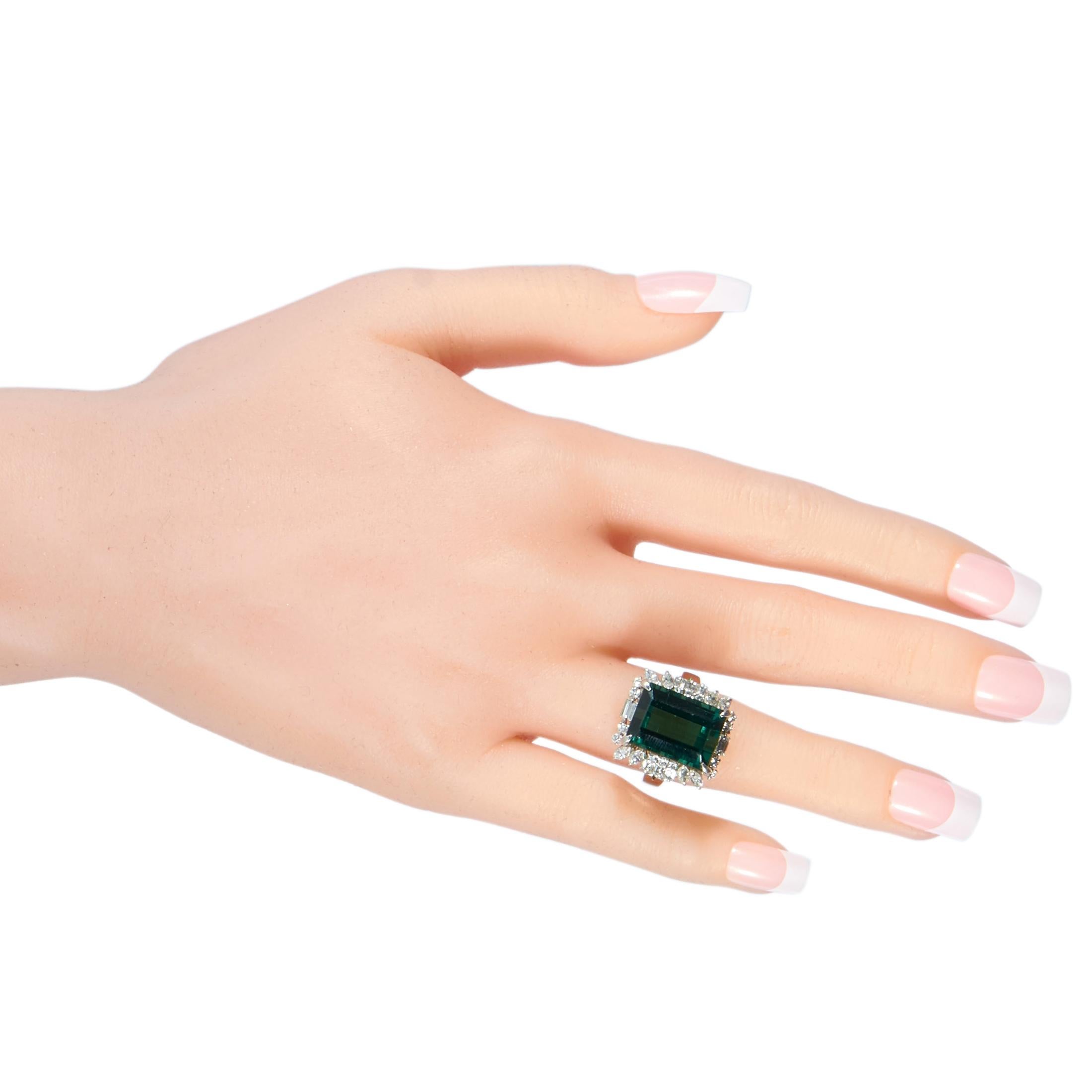 LB Exclusive Platinum 1.05 Carat Diamond and Green Tourmaline Large Ring In Excellent Condition In Southampton, PA