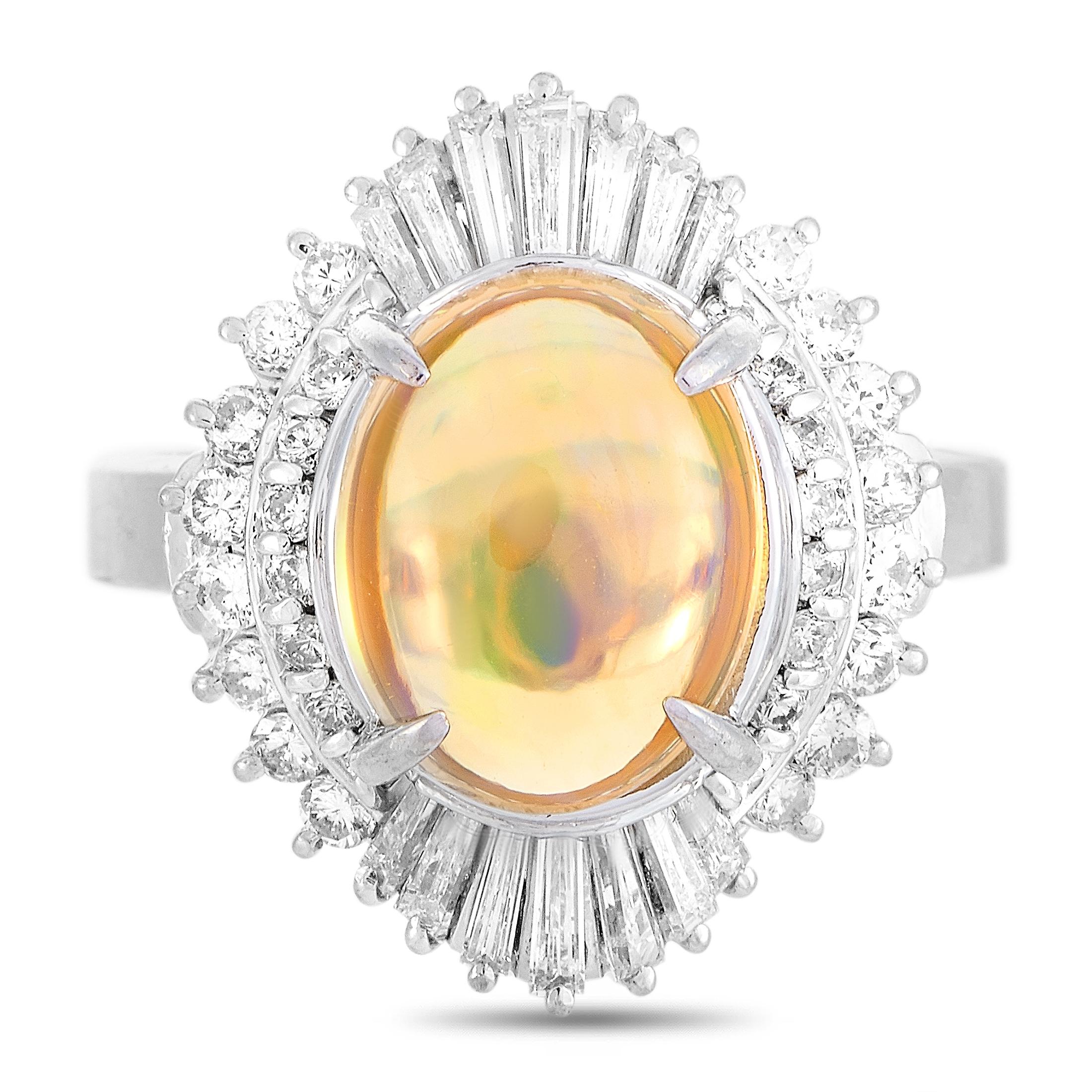 Baguette Cut LB Exclusive Platinum 1.08 Carat Diamond and Opal Marquise Ring