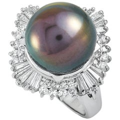 LB Exclusive Platinum 1.19 Ct Round and Tapered Baguette Diamonds and Pearl Ring