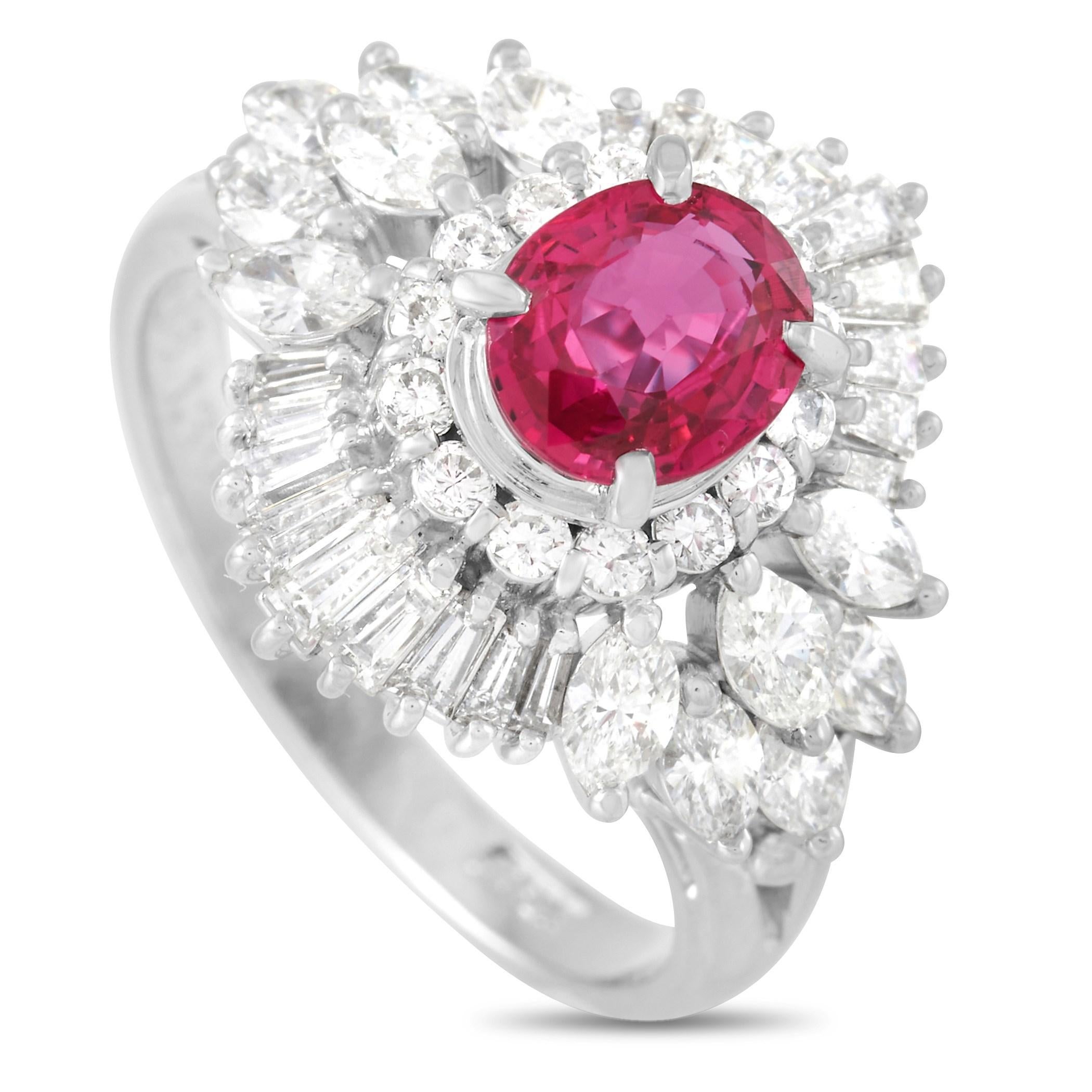 LB Exclusive Platinum 1.30 Carat Diamond and 1.08 Carat Ruby Ring In Excellent Condition In Southampton, PA
