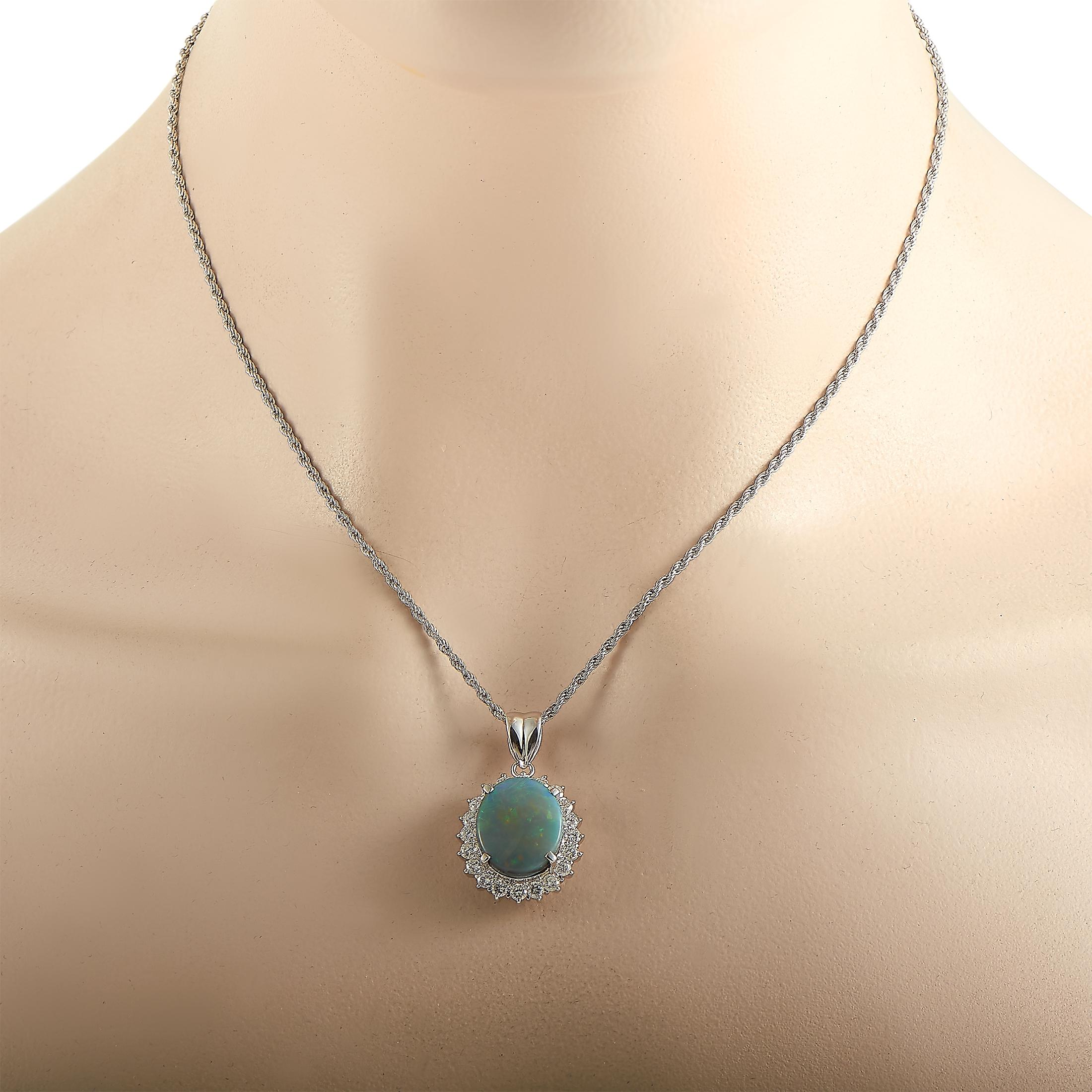 This LB Exclusive necklace is crafted from platinum and weighs 16.8 grams. It is presented with a 16” chain and a pendant that measures 1.15” in length and 0.75” in width. The necklace is embellished with a 7.33 ct black opal and a total of 1.34