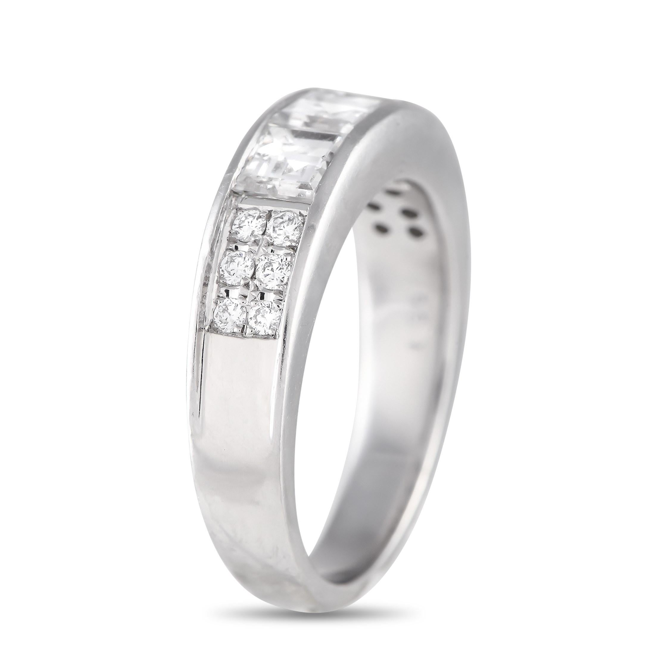 This luxurious band ring is simple, elegant, and understated. The minimalist Platinum band measures 3mm wide and features a 3mm top height, meaning it will always fit comfortably on the hand. Inset Diamonds with a total weight of 1.36 carats elevate