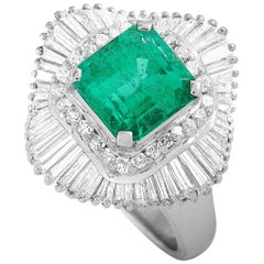 LB Exclusive Platinum 1.38 ct Round/Tapered Baguette Diamonds and Emerald Ring