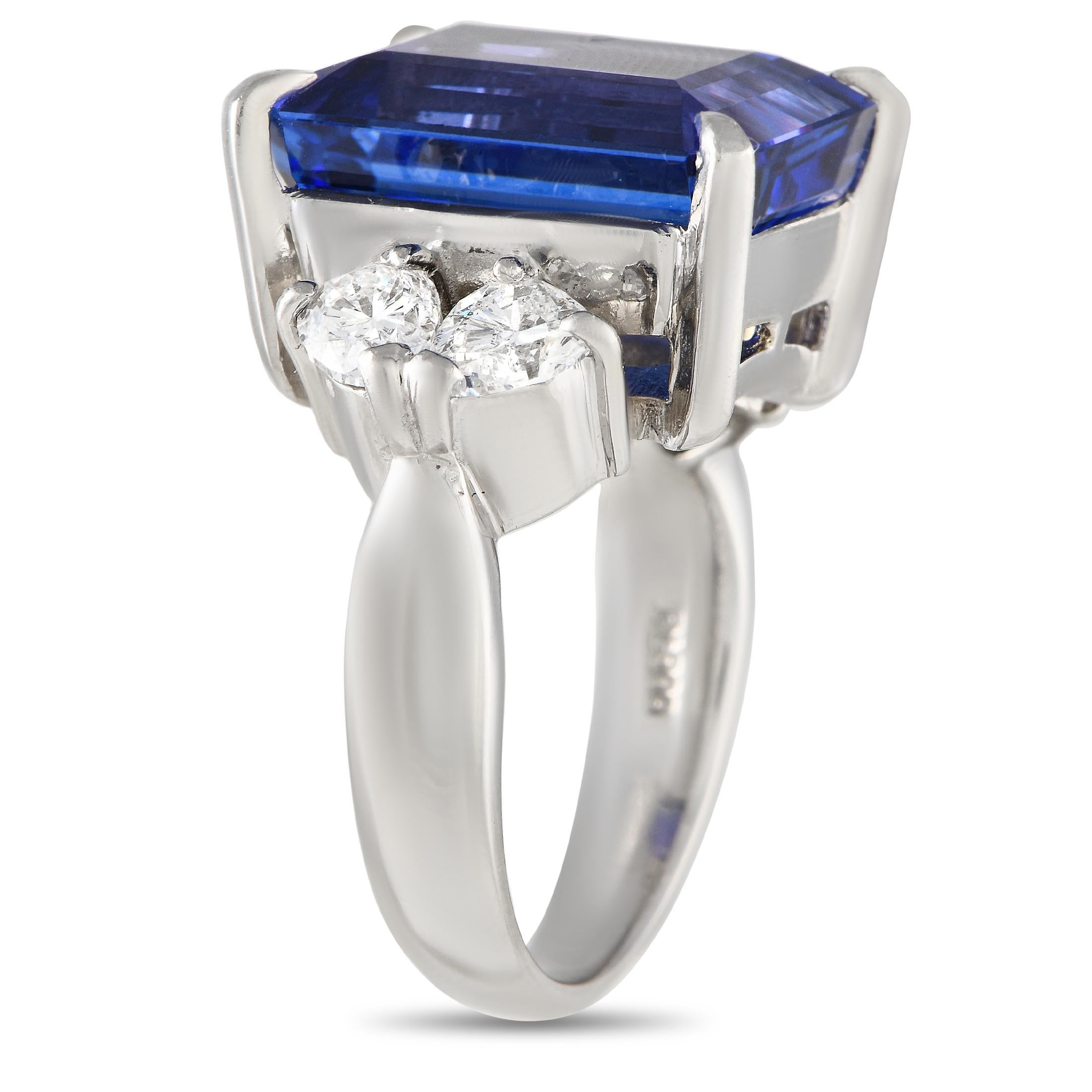This dynamic ring will continually make a statement. A breathtaking 12.83 carat blue Tanzanite center stone comes to life thanks to Diamond accents with a total weight of 1.38 carats. Crafted from Platinum, this piece features a 4mm band width and