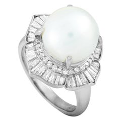 LB Exclusive Platinum 1.46 Carat Round and Baguette Diamonds and Pearl Ring