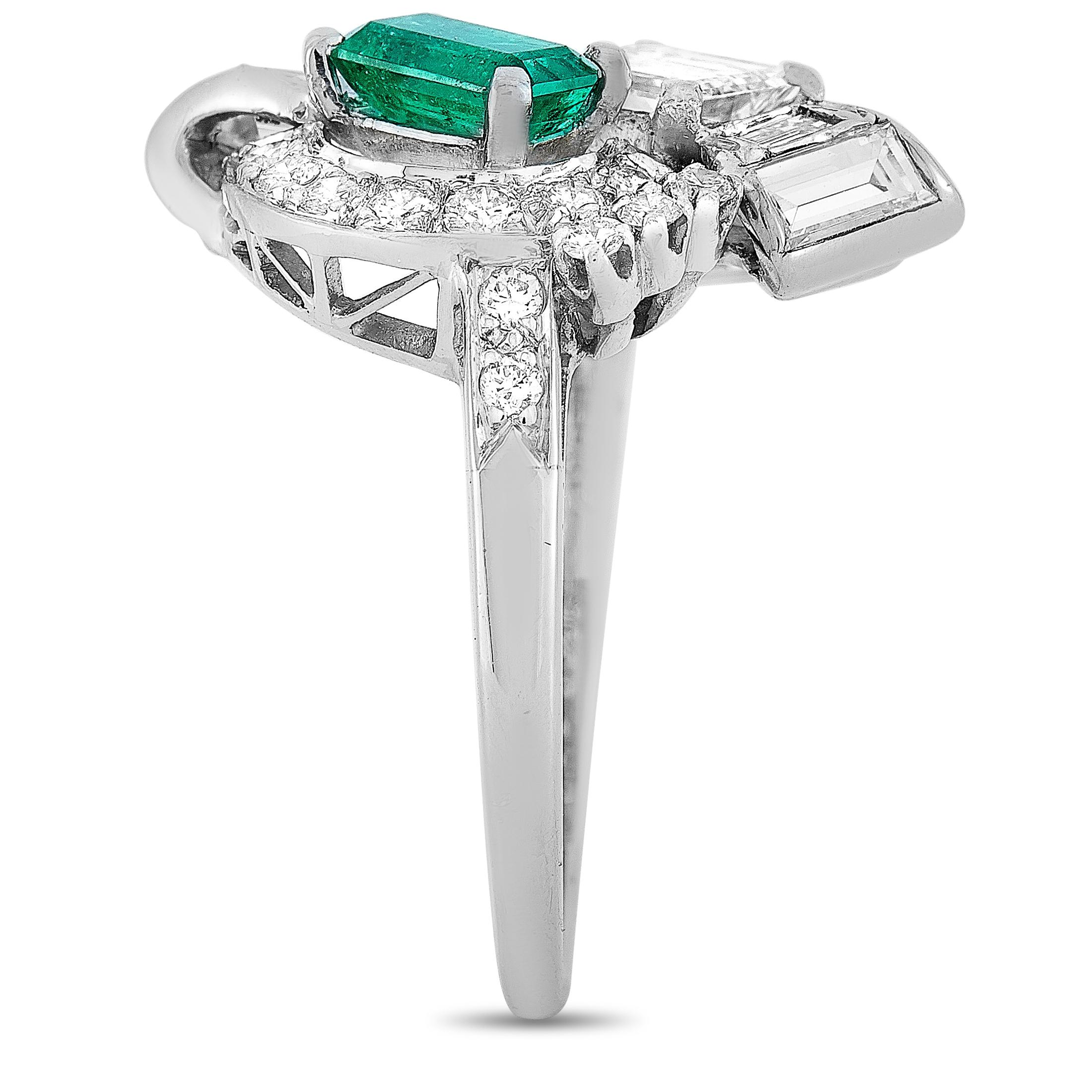 Emerald Cut LB Exclusive Platinum 1.51 Carat Diamond and Emerald Ring