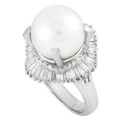 LB Exclusive Platinum 1.52 Carat Round/Tapered Baguette Diamonds and Pearl Ring