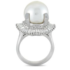 LB Exclusive Platinum 1.52 Carat Round/Tapered Baguette Diamonds and Pearl Ring