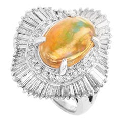 LB Exclusive Platinum 1.60 ct Round and Tapered Baguette Diamonds and Opal Ring