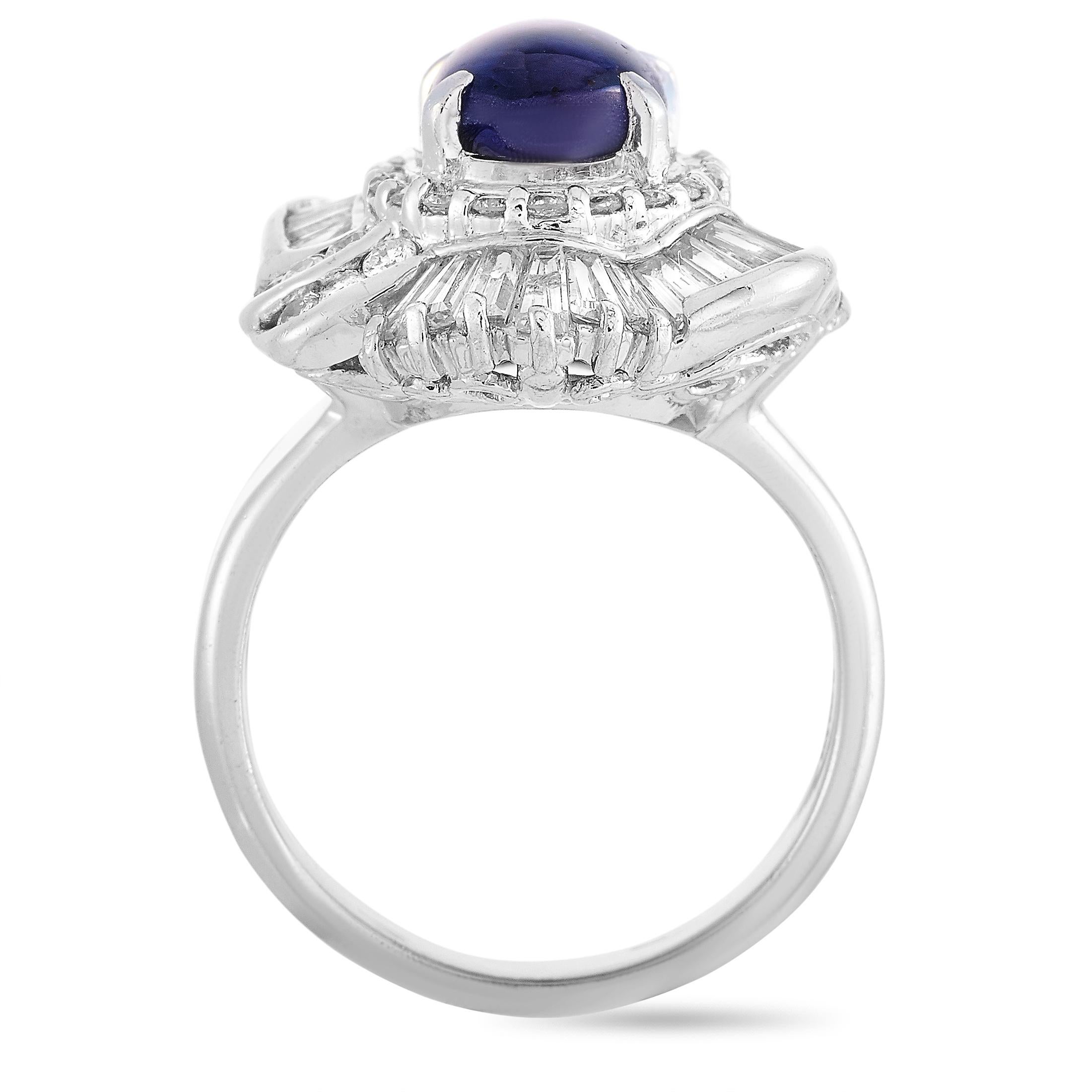 This LB Exclusive ring is made of platinum and set with a 4.11 ct sapphire and a total of 1.69 carats of diamonds. The ring weighs 13 grams, boasting band thickness of 3 mm and top height of 10 mm, while top dimensions measure 21 by 17 mm.
 
