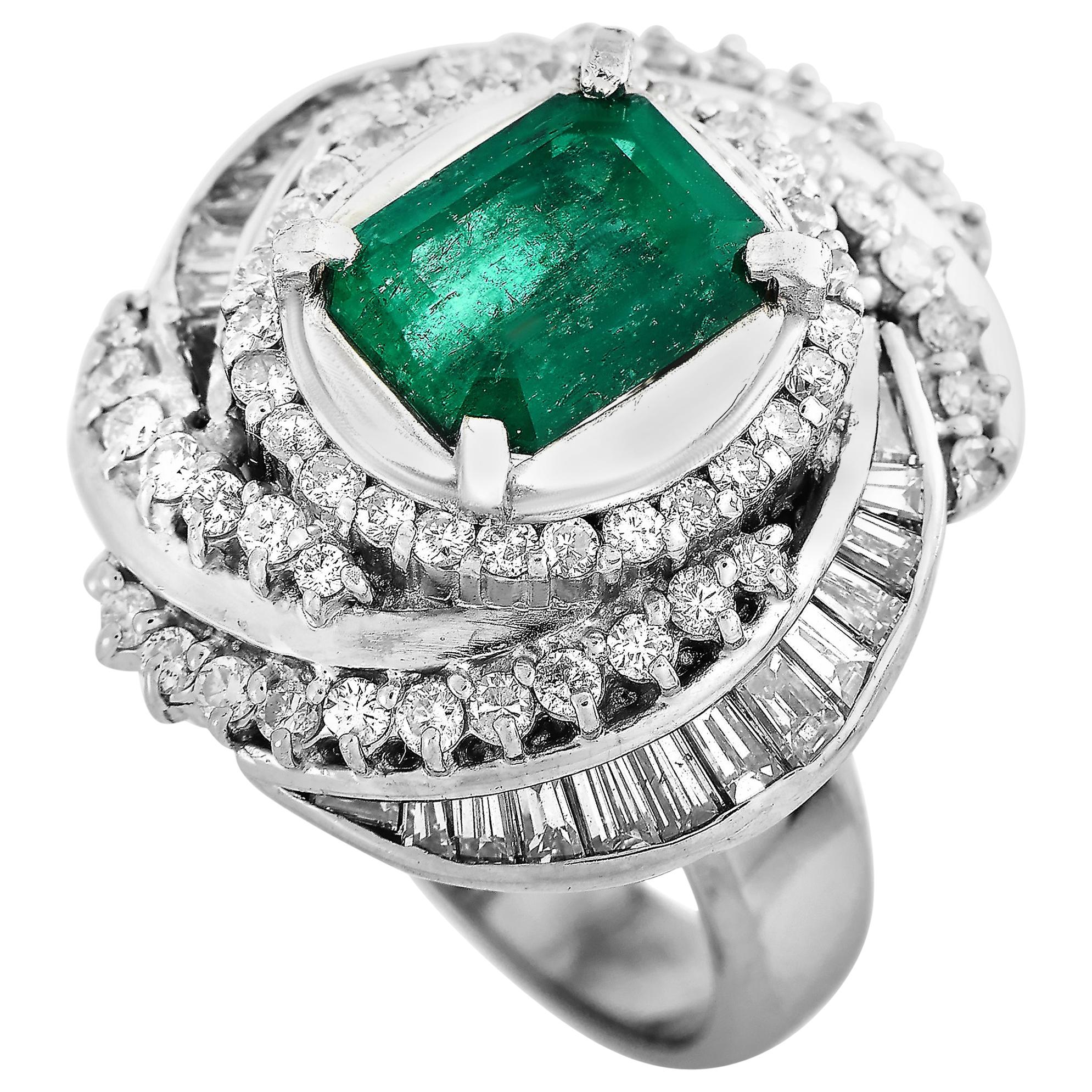 LB Exclusive Platinum 1.79 Carat Diamond and Emerald Ring