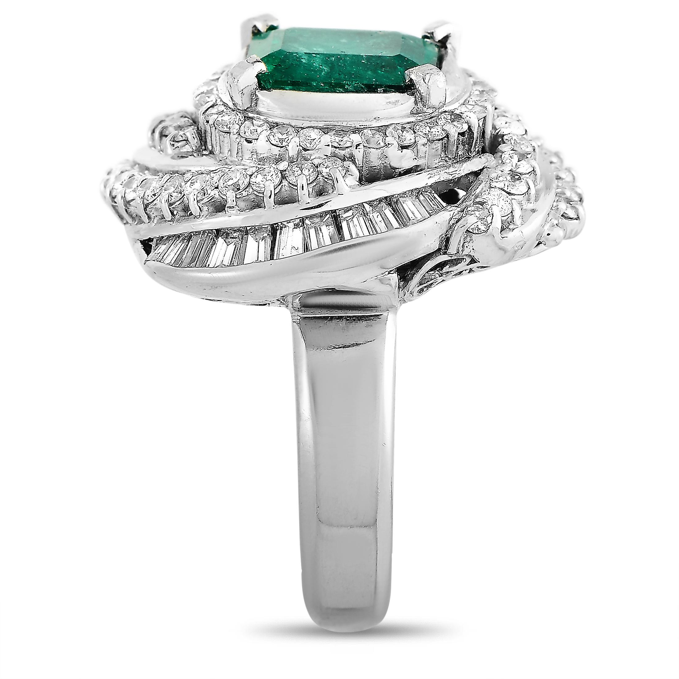 Emerald Cut LB Exclusive Platinum 1.79 Carat Diamond and Emerald Ring