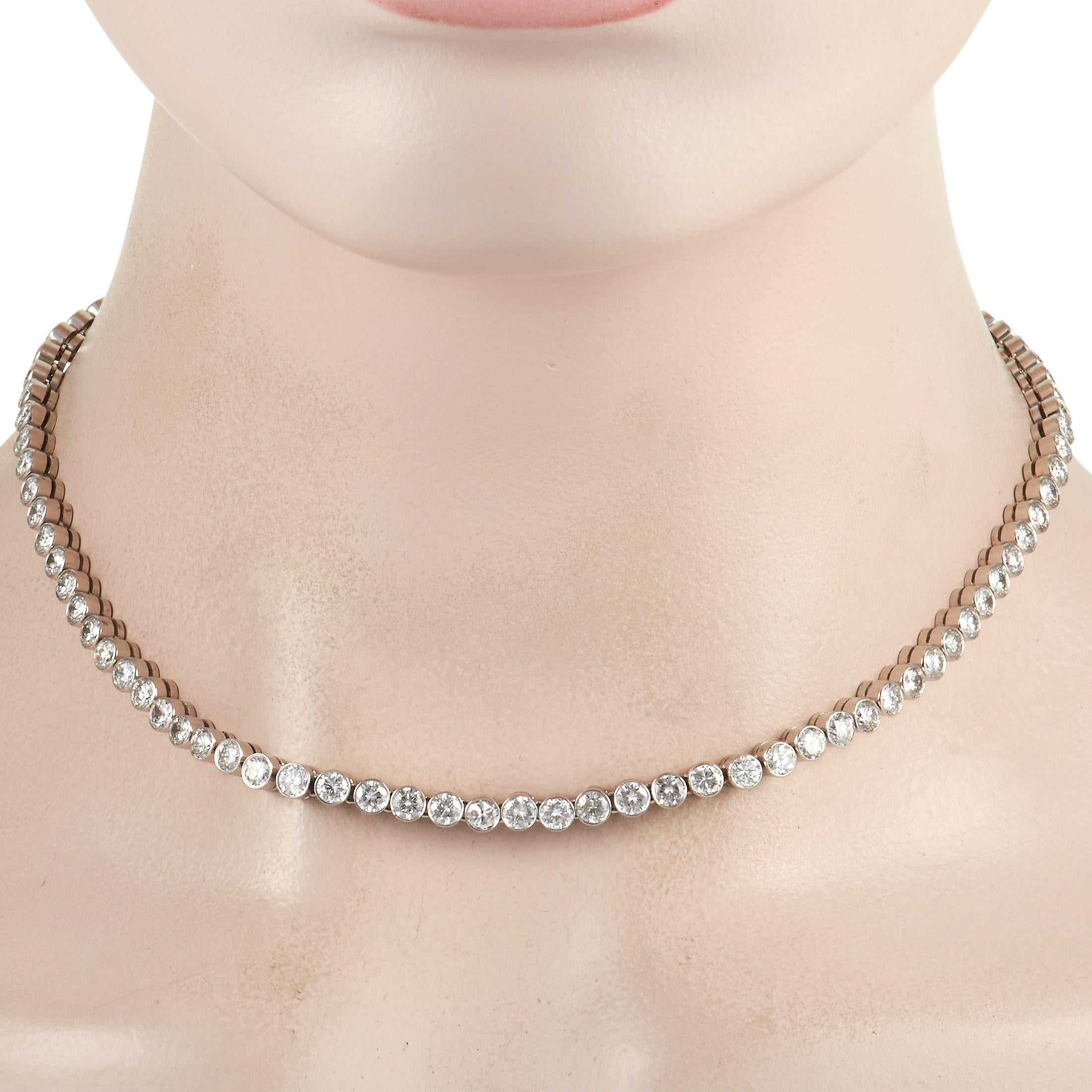 All eyes will be on this stunning LB Exclusive Platinum 18.80 ct Diamond Necklace. The necklace is made with platinum and set with a single row of round-cut diamonds over its length, totalling 18.80 carats of diamonds over the piece. The platinum