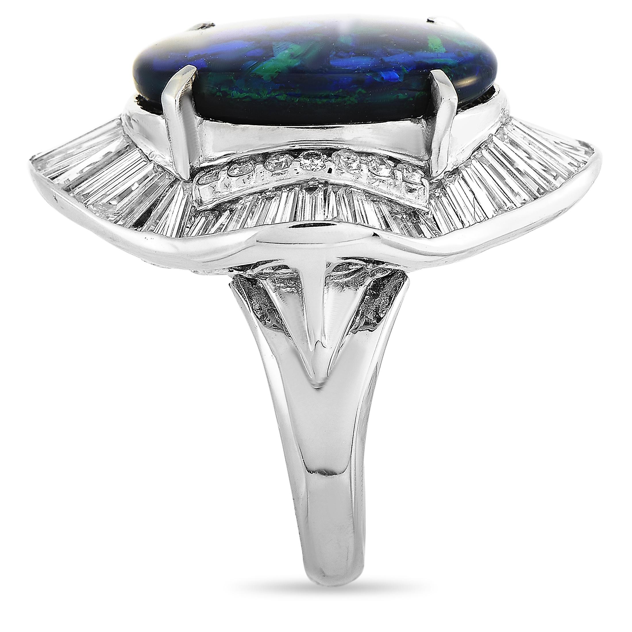 Baguette Cut LB Exclusive Platinum 2.08 Carat Diamond and Opal Ring