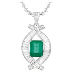 LB Exclusive Platinum 2.44 Carat Diamond and Emerald Pendant Necklace