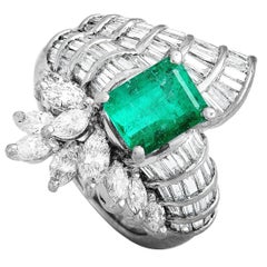 LB Exclusive Platinum 2.45 Carat Baguette and Marquise Diamonds and Emerald Ring