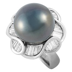 LB Exclusive Platinum 2.46 Carat Baguette Diamond and Pearl Ring