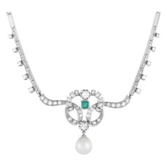LB Exclusive Platinum 3.10ct Diamond, Emerald, and Pearl Pendant Necklace
