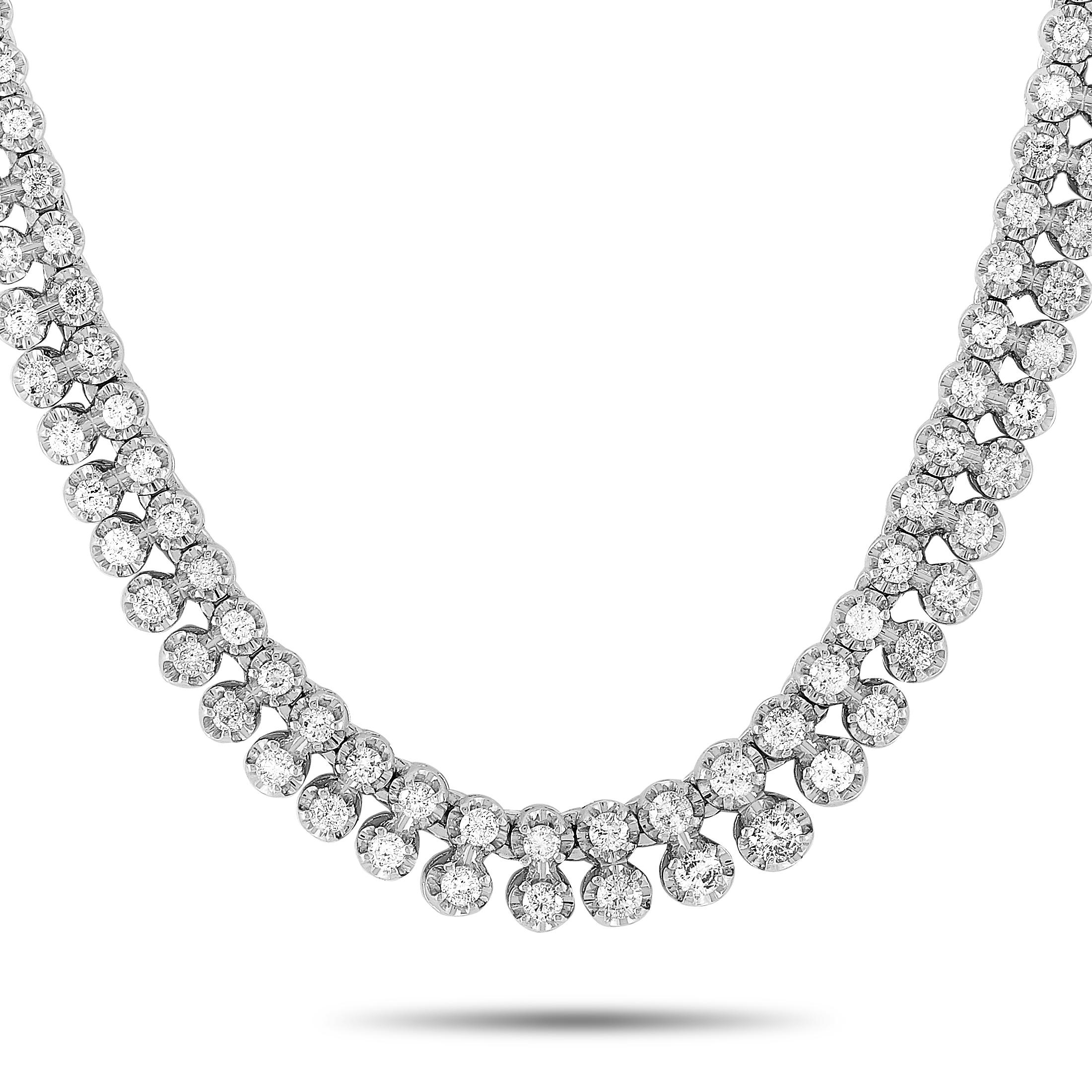 This LB Exclusive necklace is made of platinum and embellished with diamonds that amount to 5.08 carats. The necklace weighs 45.4 grams and measures 18” in length.
 
 Offered in estate condition, this jewelry piece includes a gift box.