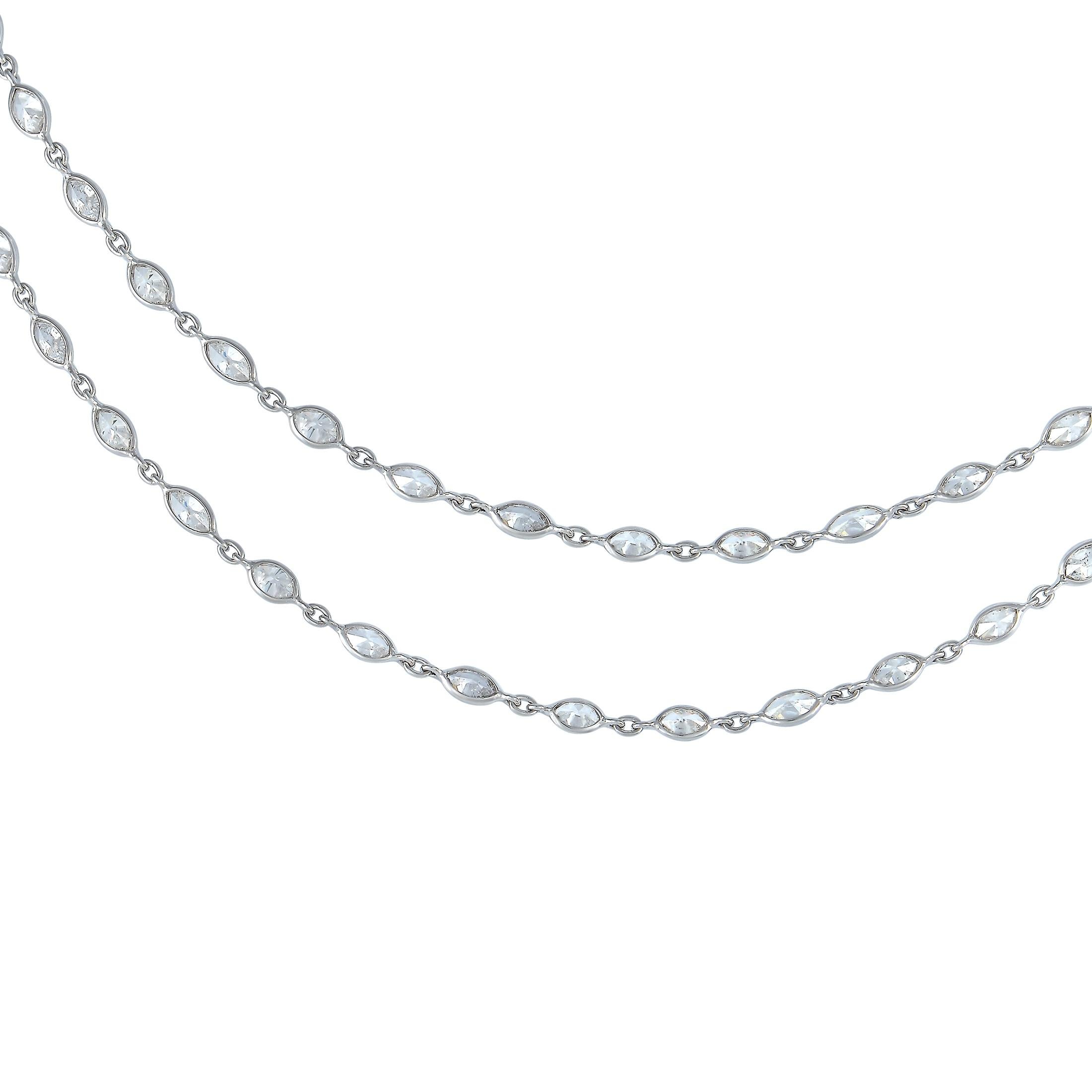 This necklace is a captivating piece that will complement any aesthetic. A stunning platinum chain measuring 26” long comes to life thanks to breathtaking diamond accents totaling 9.60 carats. Wear it long or create a double-layered look - either